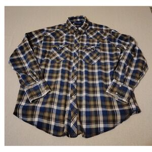 Wrangler Mens Blue Brown Plaid Flannel Western Snap Shirt Large VJBM02623 QQ